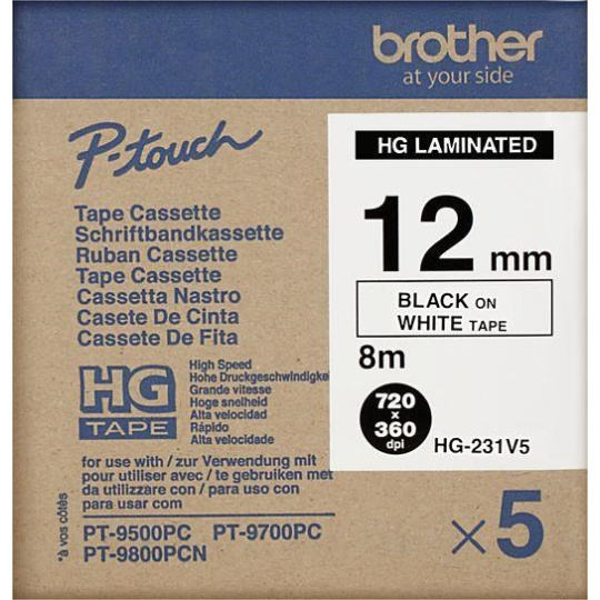 BROTHER HGE-231V5 Etiketovacie potreby, 12 mm čierna/biela (balenie 5 ks) Vysokokvalitná páska