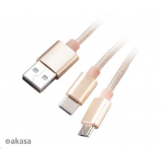 Kábel AKASA 2v1 z USB typu A na Micro-B a USB typu C, 120 cm, zlatý