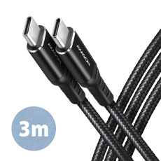 AXAGON BUCM-CM30AB, HQ kábel USB-C <-> USB-C, 3 m, USB 2.0, PD 60W 3A, ALU, opletenie, čierny