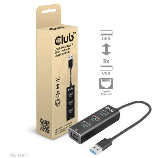 Club3D Rozbočovač, USB-A 3.2 Gen1 na 3x USB 3.1, Gigabit Ethernet