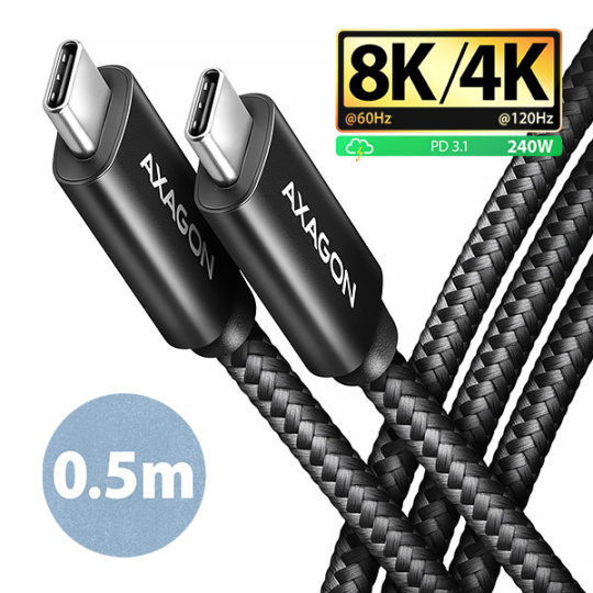 AXAGON BUCM4X-CM05AB NewGEN+ kábel USB-C <-> USB-C, 0.5m, USB4 Gen 3×2, PD 240W 5A, 8K HD, ALU, opletenie, čierny AXAGON BUCM4X-CM05AB NewGEN+ kábel USB-C <-> USB-C, 0.5m, USB4 Gen 3×2, PD 240W 5A, 8K HD, ALU, opletenie, čierny