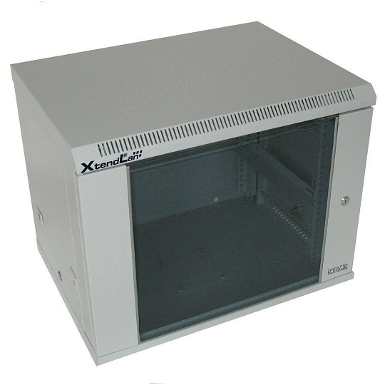 BAZAR - XtendLan 19" nástěnný rozvaděč 9U 600x450, nosnost 60 kg, skleněné kouřové dveře, svařovaný, šedý - poškozeno