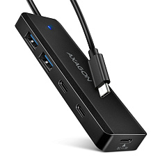 AXAGON HUE-C2C, 4× USB 5Gbps TRAVEL hub, 2× USB-A + 2× USB-C, USB-C napájanie, 19 cm USB-C kábel