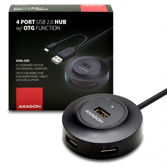 AXAGON HUE-X6GB, 4x USB2.0 hub, 80cm kabel + micro USB OTG, černý
