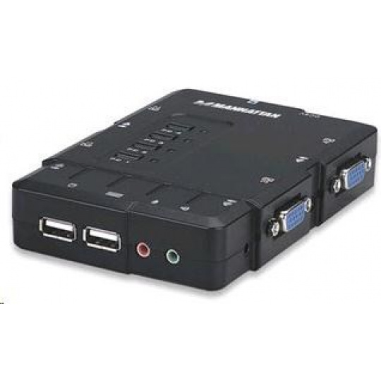 MANHATTAN KVM prepínač 4 porty, USB, audio, integrované káble